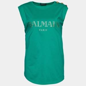 Pre Owned Balmain Green Logo Print Cotton Button Detail Tank Top L