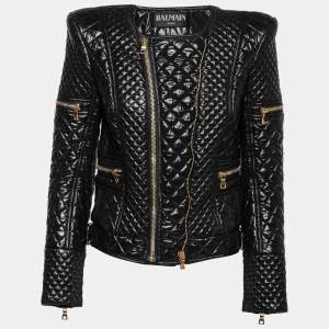 Pre Owned Balmain Black Synthetic Gold Zipper Detail Quilted Jacket M