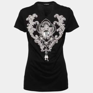 Balmain Black Pearl & Rhinestone Embellished Cotton T-Shirt M