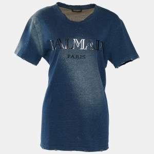 Pre Owned Balmain Blue Faded Denim Cotton Knit Distressed T-Shirt M