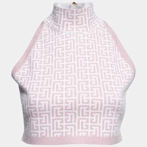 Pre Owned Balmain Pink Jacquard Lurex Knit Mock Neck Crop Top L