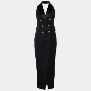 Pre Owned Balmain Black Wool Halter Neck Maxi Dress M