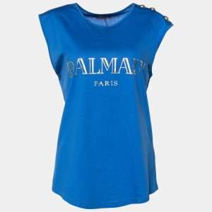Balmain Blue Jersey Button Detail Sleeveless Top M