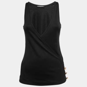 Balmain Black Jersey V-Neck Faux Wrap Top S