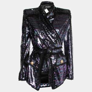 Balmain Purple Sequined Frayed Belted Blazer M