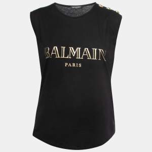 Pre Owned Balmain Black Cotton Logo Printed Sleeveless Top S