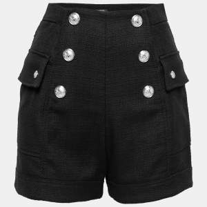 Balmain Black Canvas Button Embellished High-Waist Shorts S