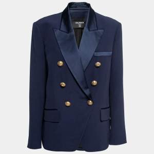 Balmain Dark Blue Crepe Double-Breasted Blazer M