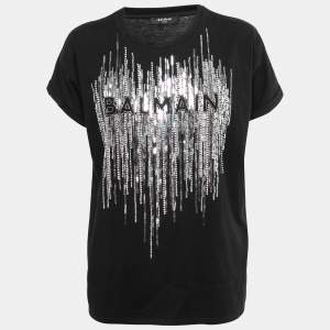 Balmain Black Cotton Logo Embroidered Embellished T-Shirt M