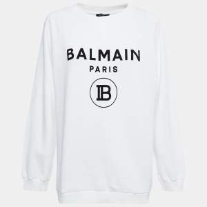 Balmain White Rib Knit Logo Print Raglan Sleeve Sweatshirt L