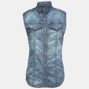 Balmain Blue Faded Effect Denim Pocket Detailed Button Front Sleeveless Shirt S