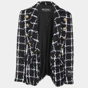 Balmain Black Checkered Fringed Boucle Open Front Blazer M