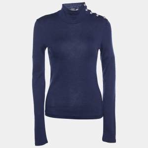 Pre Owned Balmain Navy Blue Wool Knit Turtleneck Sweater M