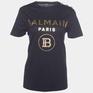 Balmain Black Cotton Knit Metallic Logo Print T-Shirt M