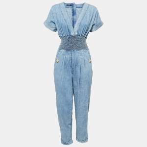 Balmain Blue Chambray Smocked Detail Jumpsuit S