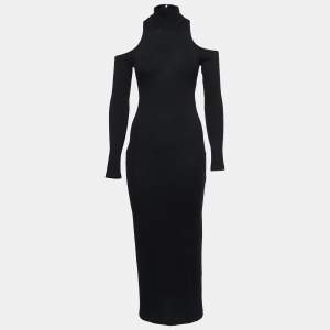 Balmain Black Wool High Neck Off Shoulder Dress M