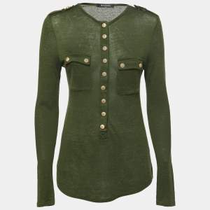 Balmain Green Knit Gold Button Long Sleeve Top M
