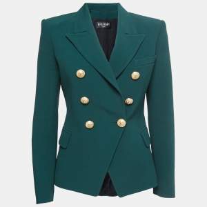 Balmain Dark Green Crepe Double Breasted Tailored Blazer M