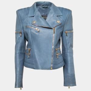 Balmain Blue Lambskin Leather Biker Jacket M