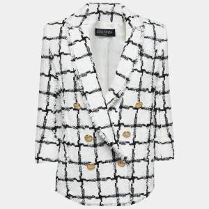 Pre Owned Balmain White/Black Patterned Tweed Double Breasted Blazer S