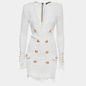 Balmain White Boucle Tweed Double-Breasted Fringed Dress S