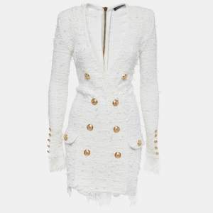 Pre Owned Balmain White Boucle Tweed Double-Breasted Fringed Dress S