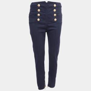 Balmain Navy Blue Denim Button Embellished High Waist Trousers M
