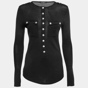 Balmain Black Knit Button Long Sleeve Top S