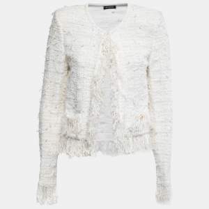 Pre Owned Balmain White Tweed & Lurex Fringed Blazer M