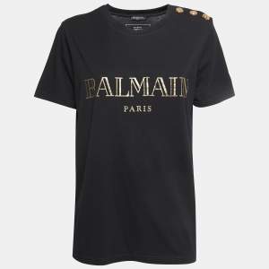 Balmain Black Logo Printed Cotton Buttons Detail Half Sleeve T-Shirt L