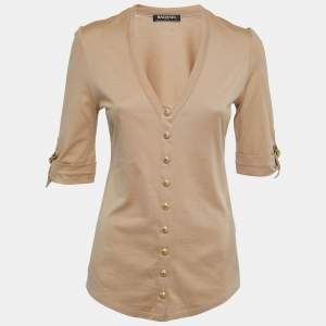 Balmain Beige Cotton Knit V-Neck Button Front T-Shirt M