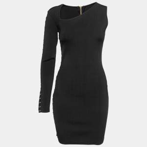 Balmain Black Stretch Knit One Shoulder Lace-Up Mini Dress S