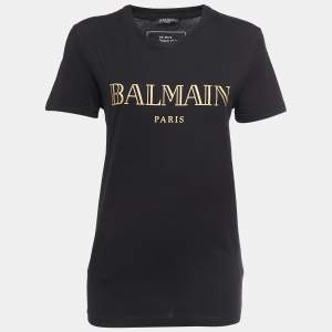 Pre Owned Balmain Black Logo Print Cotton Crew Neck Short Sleeve T-Shirt S