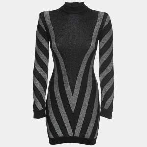 Pre Owned Balmain Black Striped Patterned Lurex Knit Mini Bodycon Dress S
