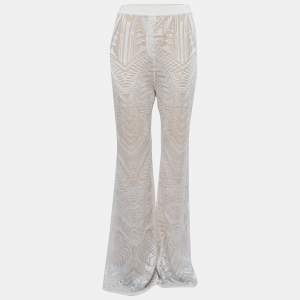 Balmain White Jacquard Knit Wide Leg Pants M