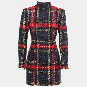 Balmain Navy Blue/Red Plaid Tweed Mini Dress S