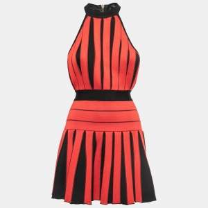 Balmain Black/Red Knit Pleated Halterneck Mini Dress S