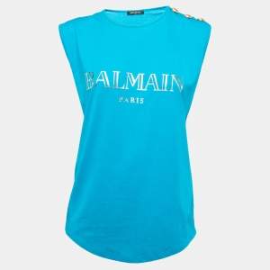 Pre Owned Balmain Blue Logo Printed Cotton Knit Sleeveless Tank Top M