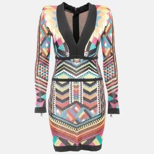 Balmain Multicolor Patterned Knit Deep V-Neck Bodycon Dress M