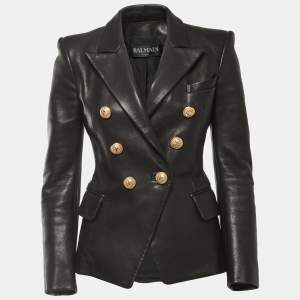 Pre Owned Balmain Black Leather Double Breasted Jacket S