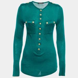 Balmain Green Knit Gold Button Detailed Long Sleeve T-Shirt M