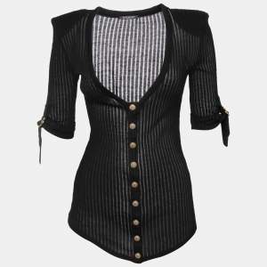 Balmain Black Knit Button Front Folded Sleeve Top S