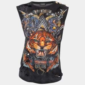 Balmain Black Tiger Print Distressed Cotton Button Detailed Sleeveless T-Shirt M