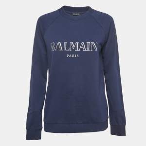Balmain Navy Blue Logo Print Cotton Crew Neck Sweatshirt M