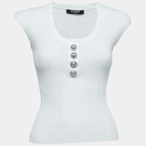 Balmain White Ribbed Knit Scoop-Neck Top S