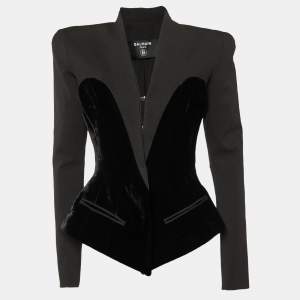 Pre Owned Balmain Black Cotton & Velvet Collarless Bustier Blazer M