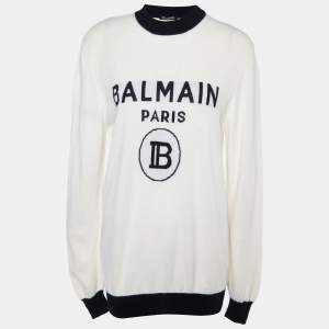 Balmain Off White Logo Wool & Cashmere Knit Contrast Detail Sweater M