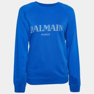 Pre Owned Balmain Blue Logo Printed Cotton Knit Sweatshirt L