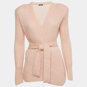 Balmain Light Pink Mohair Wool Blend Open Front Belted Cardigan M