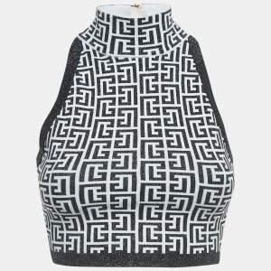 Balmain Monochrome Monogram Jacquard Knit Crop Top S
